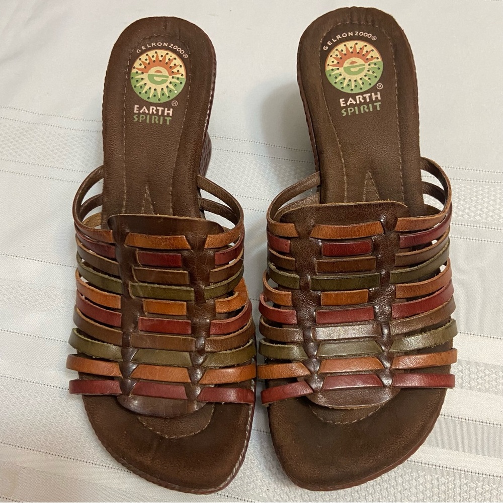 Earth Spirit Gelron Multi Colored Leather Womens Slide Wedge Sandals size 8.5